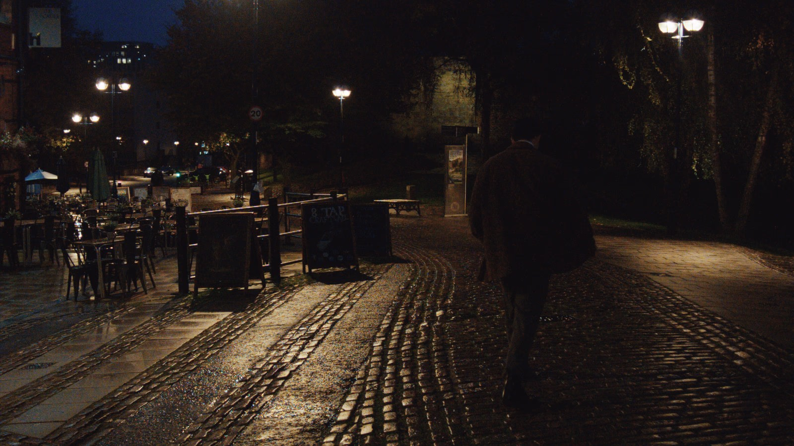 Wet cobbles under street lamps at night (Blackmagic Pocket raw), through VISUAL 500T